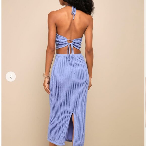 Sunny Serenity Periwinkle Crochet Cutout Halter Midi Dress - Picture 2 of 6